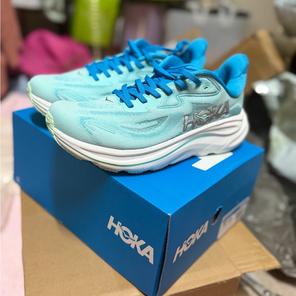 Hoka Athletic Shoes in Aqua Blue and White